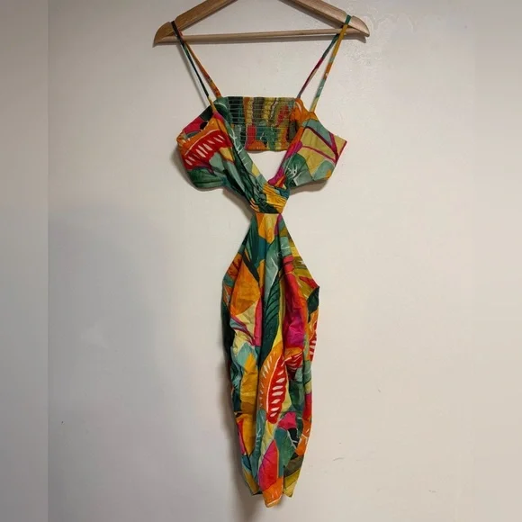 Tropical Print Cutout Mini Dress - Yellow & Green - Picture 2 of 9